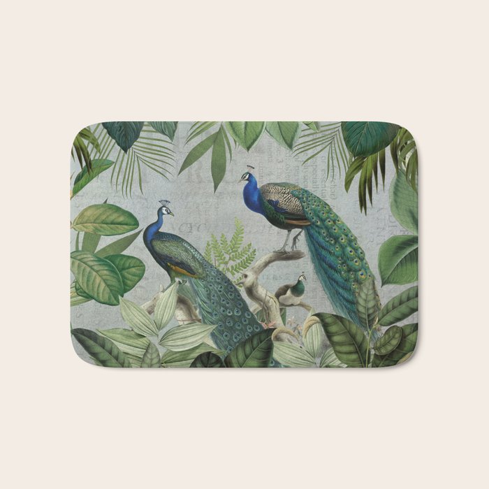 Majestic Peafowls In The Jungle With Vintage Typography Bath Mat Gallery Image 1