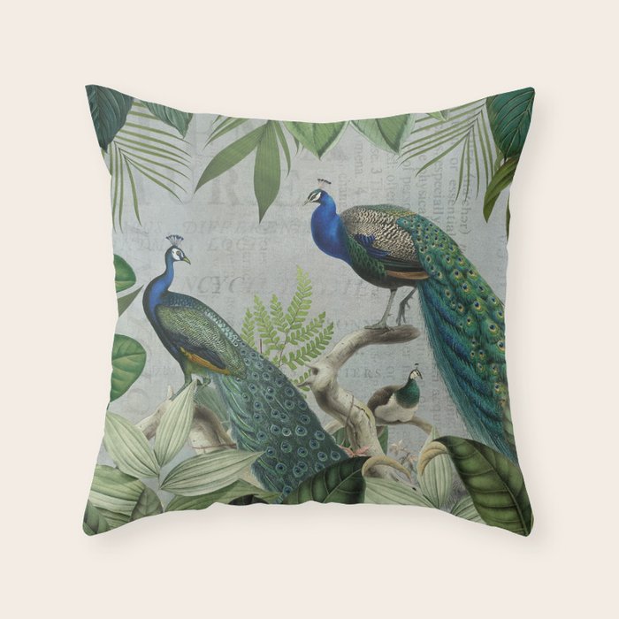 Majestic Peafowls In The Jungle With Vintage Typography Throw Pillow Gallery Image 6