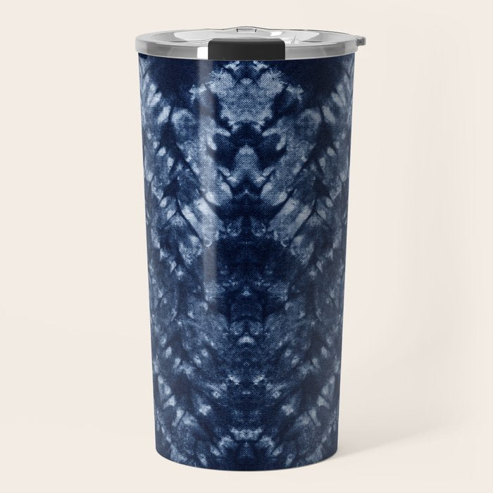 Indigo Blue Shibori Tie Dye, Boho Art Travel Mug Gallery Image 1