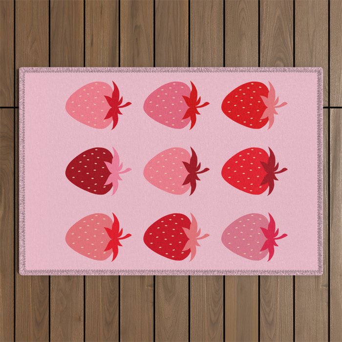 Abstract Retro Fruit Print Pink And Red Aesthetic Modern Preppy Strawberries Outdoor Rug Gallery Image 1