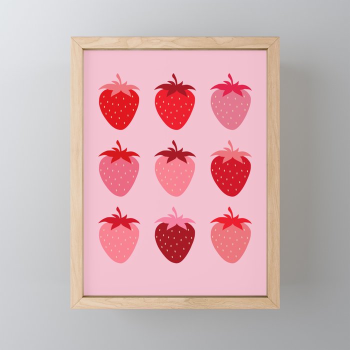 Abstract Retro Fruit Print Pink And Red Aesthetic Modern Preppy Strawberries Mini Art Print Gallery Image 1