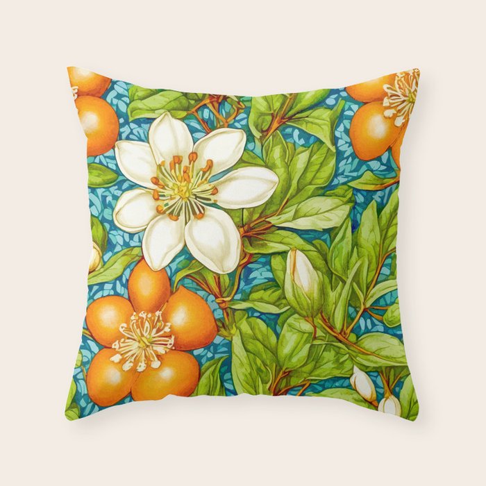 Orange Blossom, Vintage Botanical Nature Plants, Fruits Floral Flowers Bloom Garden, Bohemian Traditional Painting Throw Pillow Gallery Image 6
