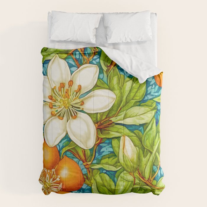 Orange Blossom, Vintage Botanical Nature Plants, Fruits Floral Flowers Bloom Garden, Bohemian Traditional Painting Comforter Gallery Image 6