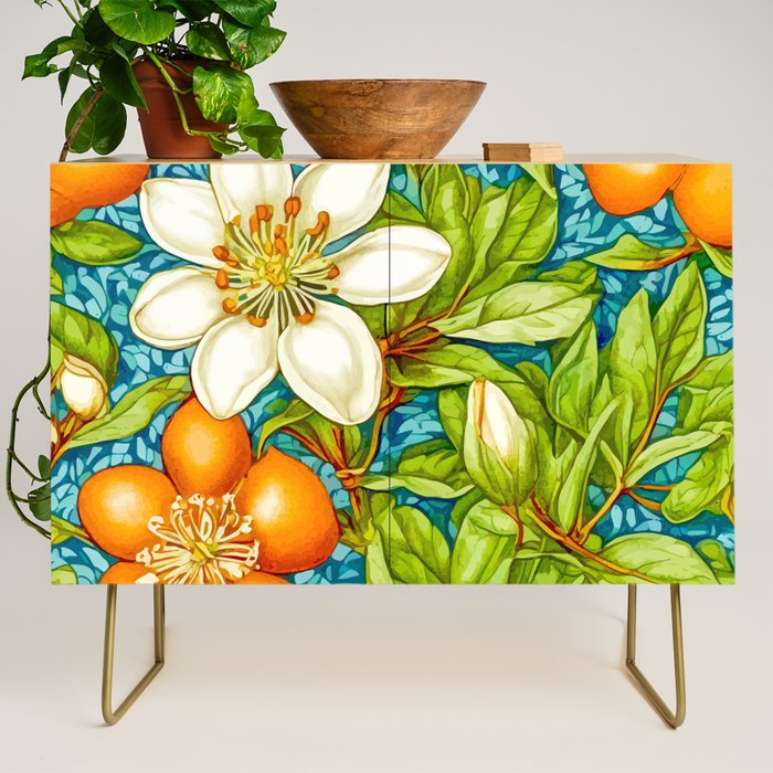 Orange Blossom, Vintage Botanical Nature Plants, Fruits Floral Flowers Bloom Garden, Bohemian Traditional Painting Credenza Gallery Image 1