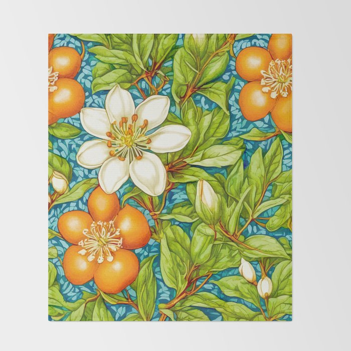 Orange Blossom, Vintage Botanical Nature Plants, Fruits Floral Flowers Bloom Garden, Bohemian Traditional Painting Throw Blanket Gallery Image 2