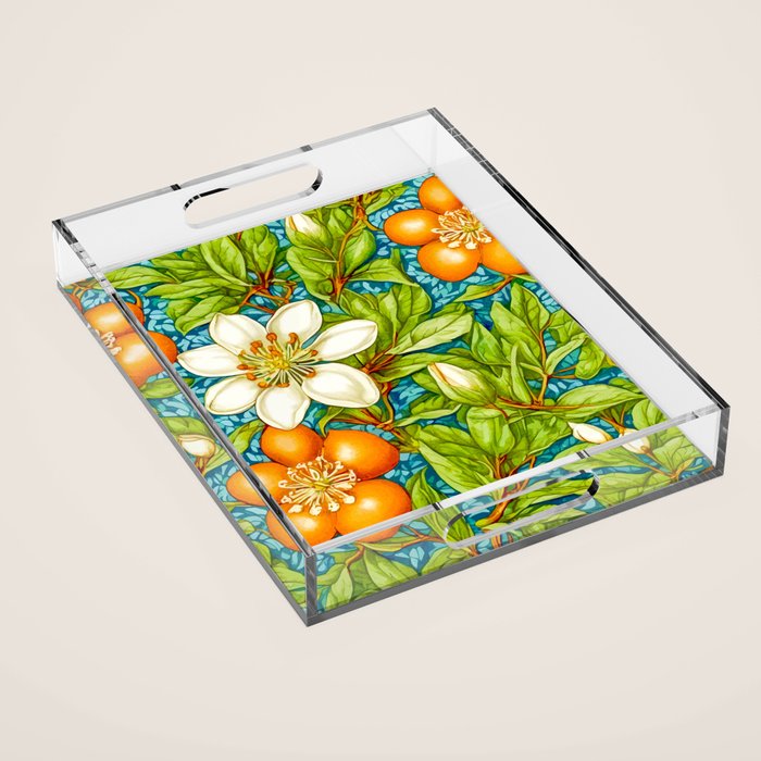 Orange Blossom, Vintage Botanical Nature Plants, Fruits Floral Flowers Bloom Garden, Bohemian Traditional Painting Acrylic Tray Gallery Image 1
