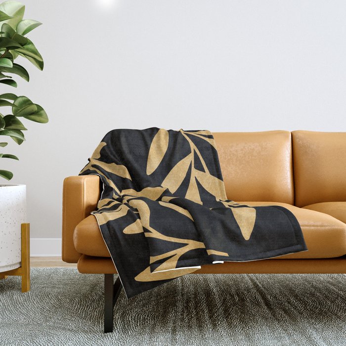 Leaves - Gold Black Throw Blanket Gallery Image 1