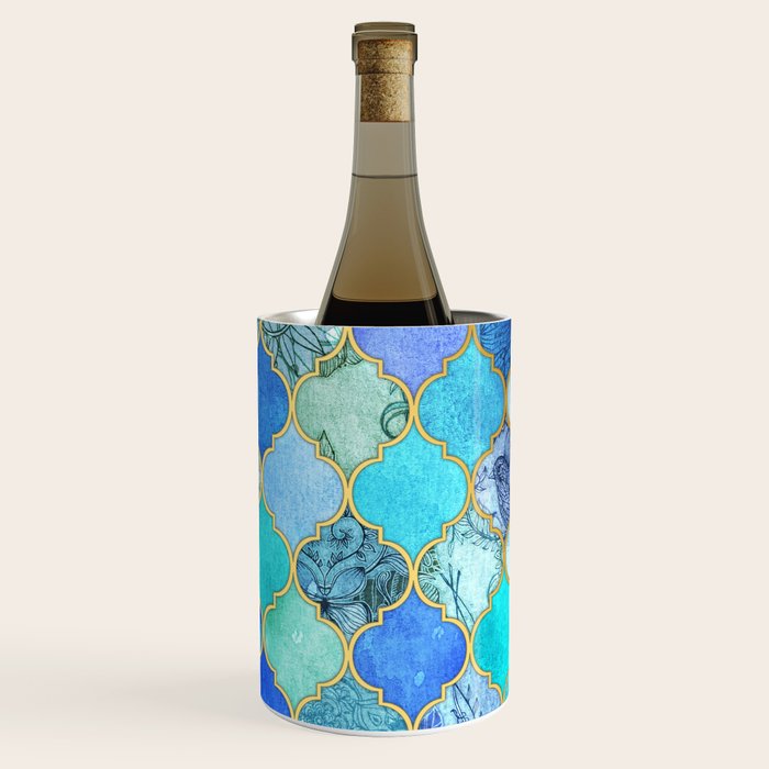 Cobalt Blue, Aqua & Gold Decorative Moroccan Tile Pattern Wine Chiller Gallery Image 1