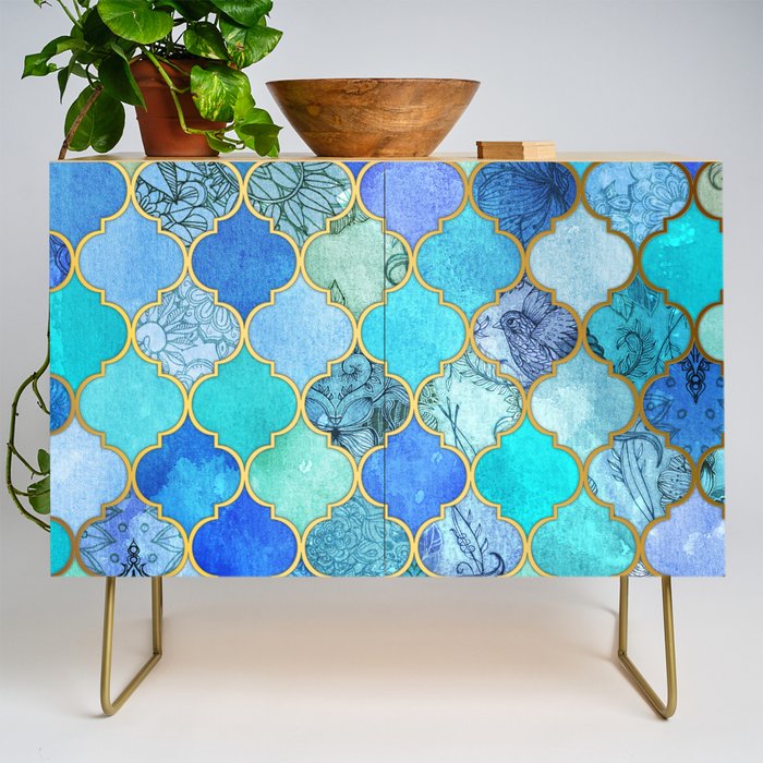 Cobalt Blue, Aqua & Gold Decorative Moroccan Tile Pattern Credenza Gallery Image 1
