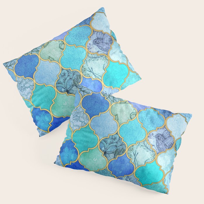 Cobalt Blue, Aqua & Gold Decorative Moroccan Tile Pattern Pillow Sham Gallery Image 3
