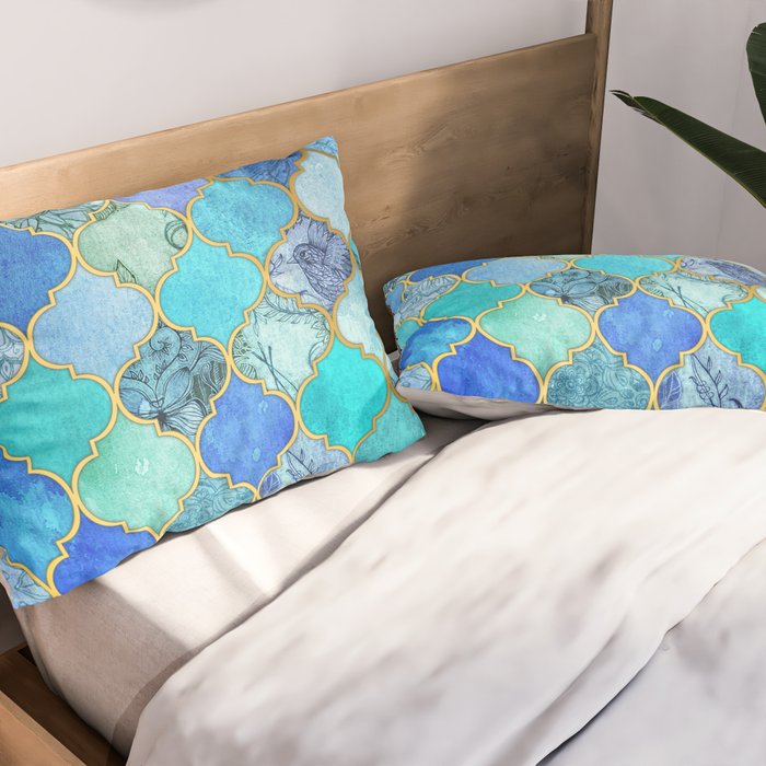 Cobalt Blue, Aqua & Gold Decorative Moroccan Tile Pattern Pillow Sham Gallery Image 2