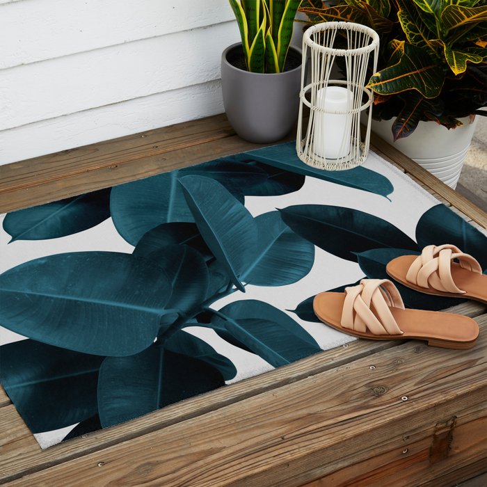Indigo Blue Plant Leaves Outdoor Rug Gallery Image 2