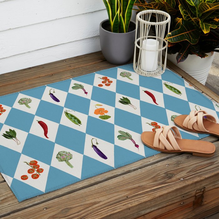 Mediterranean Vegetable Harlequin Pattern  Blue Diamond Garden  with Tomato Eggplant and Artichoke Outdoor Rug Gallery Image 2
