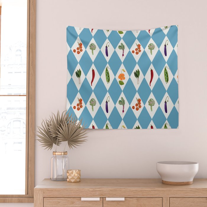 Mediterranean Vegetable Harlequin Pattern  Blue Diamond Garden  with Tomato Eggplant and Artichoke Wall Tapestry Gallery Image 2