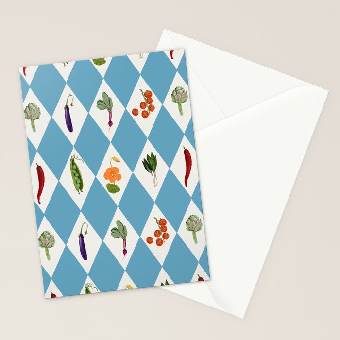 Mediterranean Vegetable Harlequin Pattern  Blue Diamond Garden  with Tomato Eggplant and Artichoke Stationery Card Gallery Image 2