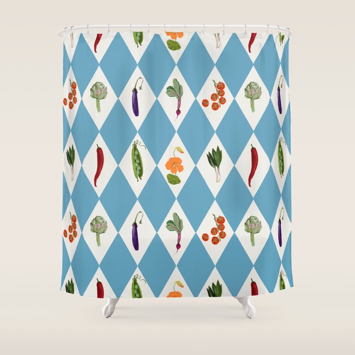 Mediterranean Vegetable Harlequin Pattern  Blue Diamond Garden  with Tomato Eggplant and Artichoke Shower Curtain Gallery Image 1