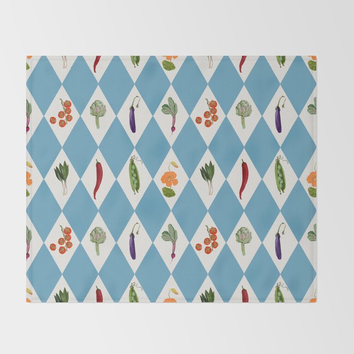 Mediterranean Vegetable Harlequin Pattern  Blue Diamond Garden  with Tomato Eggplant and Artichoke Throw Blanket Gallery Image 2