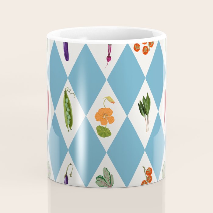 Mediterranean Vegetable Harlequin Pattern  Blue Diamond Garden  with Tomato Eggplant and Artichoke Coffee Mug Gallery Image 4