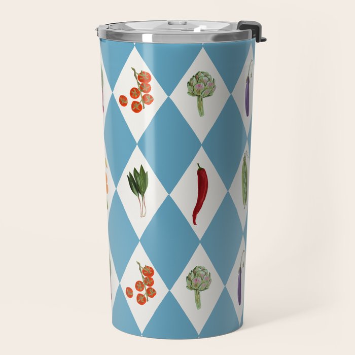 Mediterranean Vegetable Harlequin Pattern  Blue Diamond Garden  with Tomato Eggplant and Artichoke Travel Mug Gallery Image 2