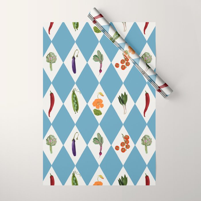 Mediterranean Vegetable Harlequin Pattern  Blue Diamond Garden  with Tomato Eggplant and Artichoke Wrapping Paper Gallery Image 1