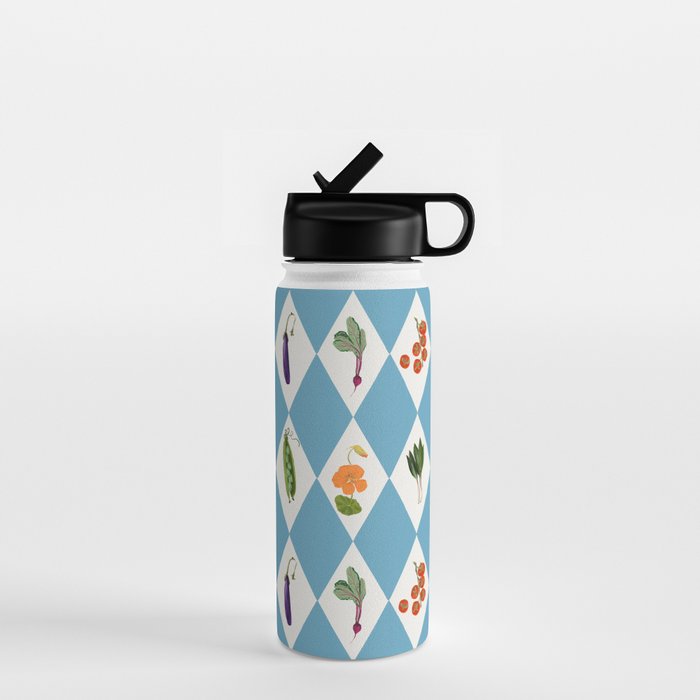 Mediterranean Vegetable Harlequin Pattern  Blue Diamond Garden  with Tomato Eggplant and Artichoke Water Bottle Gallery Image 1
