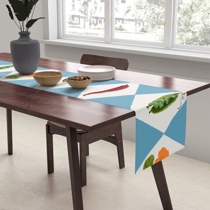 Mediterranean Vegetable Harlequin Pattern  Blue Diamond Garden  with Tomato Eggplant and Artichoke Table Runner Gallery Image 2