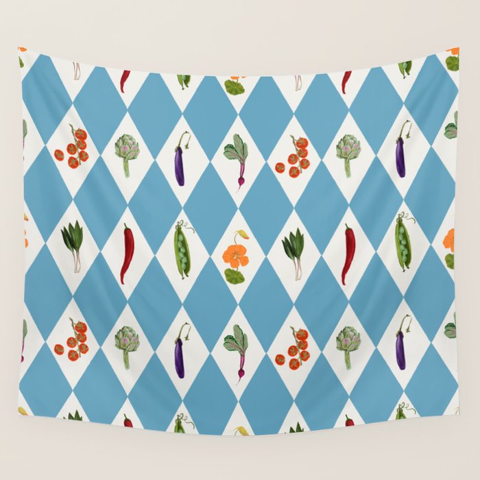 Mediterranean Vegetable Harlequin Pattern  Blue Diamond Garden  with Tomato Eggplant and Artichoke Wall Tapestry Gallery Image 1