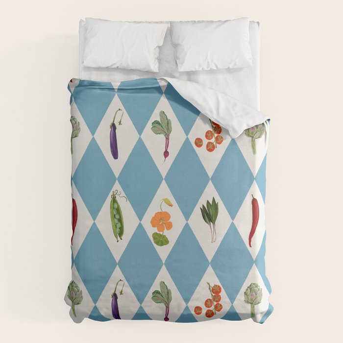 Mediterranean Vegetable Harlequin Pattern  Blue Diamond Garden  with Tomato Eggplant and Artichoke Duvet Cover Gallery Image 1