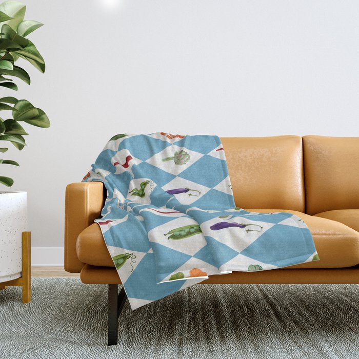 Mediterranean Vegetable Harlequin Pattern  Blue Diamond Garden  with Tomato Eggplant and Artichoke Throw Blanket Gallery Image 1