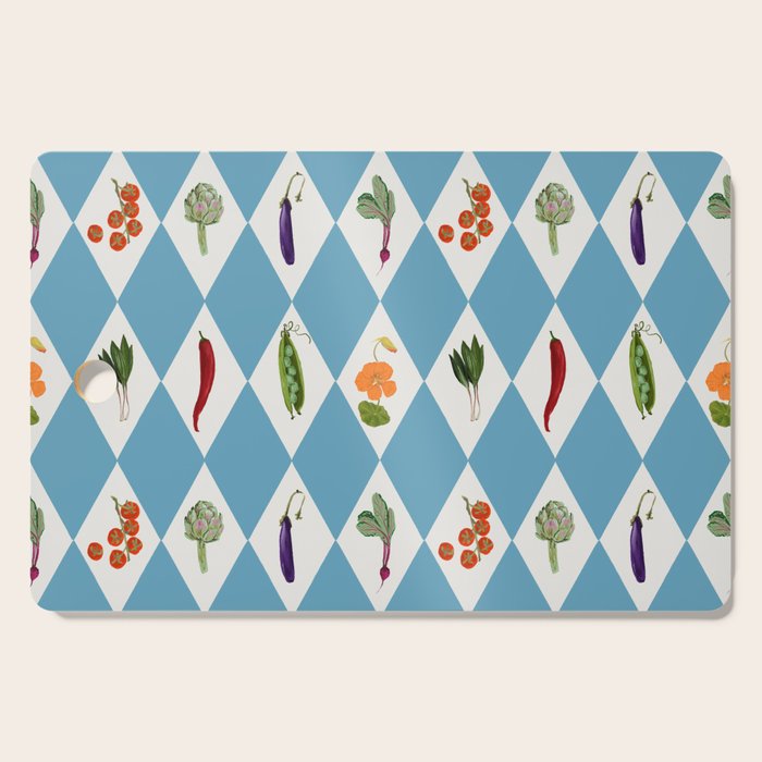 Mediterranean Vegetable Harlequin Pattern  Blue Diamond Garden  with Tomato Eggplant and Artichoke Cutting Board Gallery Image 1