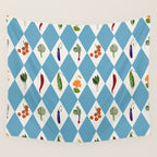 Mediterranean Vegetable Harlequin Pattern  Blue Diamond Garden  with Tomato Eggplant and Artichoke Wall Tapestry Gallery Image 4