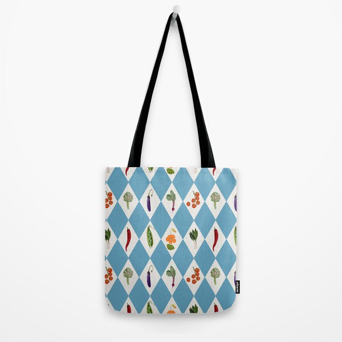 Mediterranean Vegetable Harlequin Pattern  Blue Diamond Garden  with Tomato Eggplant and Artichoke Tote Bag Gallery Image 2