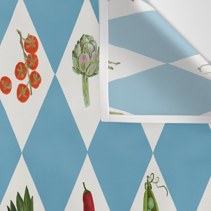 Mediterranean Vegetable Harlequin Pattern  Blue Diamond Garden  with Tomato Eggplant and Artichoke Wall Tapestry Gallery Image 3