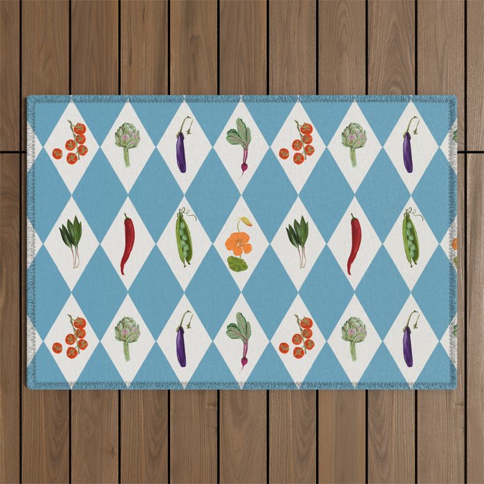 Mediterranean Vegetable Harlequin Pattern  Blue Diamond Garden  with Tomato Eggplant and Artichoke Outdoor Rug Gallery Image 1