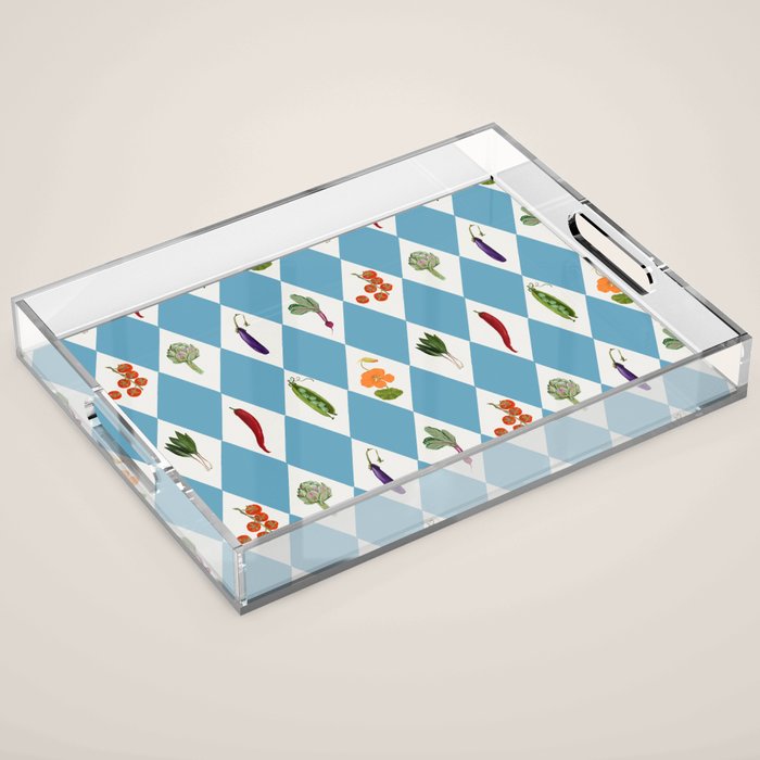 Mediterranean Vegetable Harlequin Pattern  Blue Diamond Garden  with Tomato Eggplant and Artichoke Acrylic Tray Gallery Image 1