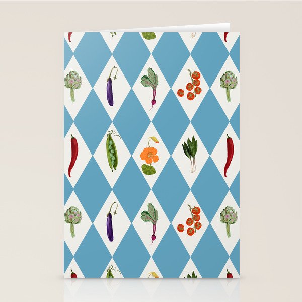 Mediterranean Vegetable Harlequin Pattern  Blue Diamond Garden  with Tomato Eggplant and Artichoke Stationery Card Gallery Image 2