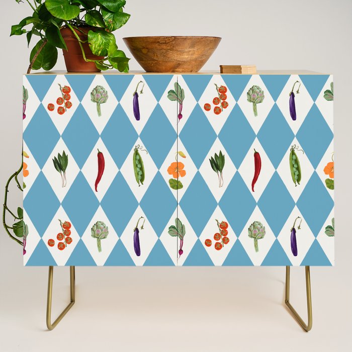 Mediterranean Vegetable Harlequin Pattern  Blue Diamond Garden  with Tomato Eggplant and Artichoke Credenza Gallery Image 1