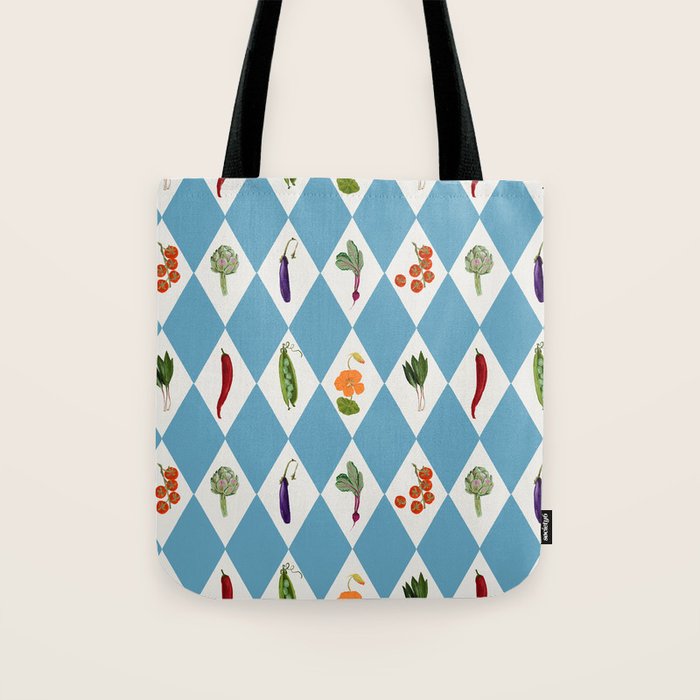 Mediterranean Vegetable Harlequin Pattern  Blue Diamond Garden  with Tomato Eggplant and Artichoke Tote Bag Gallery Image 1