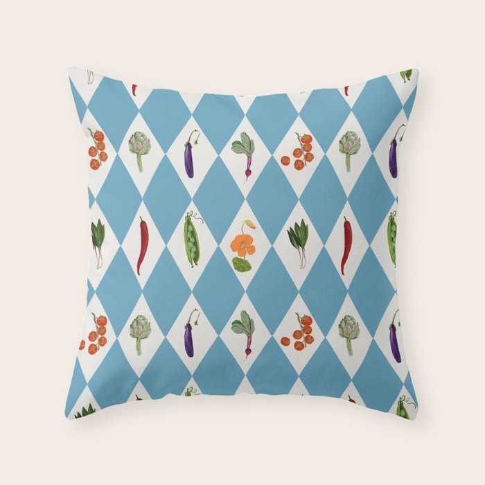 Mediterranean Vegetable Harlequin Pattern  Blue Diamond Garden  with Tomato Eggplant and Artichoke Throw Pillow Gallery Image 1
