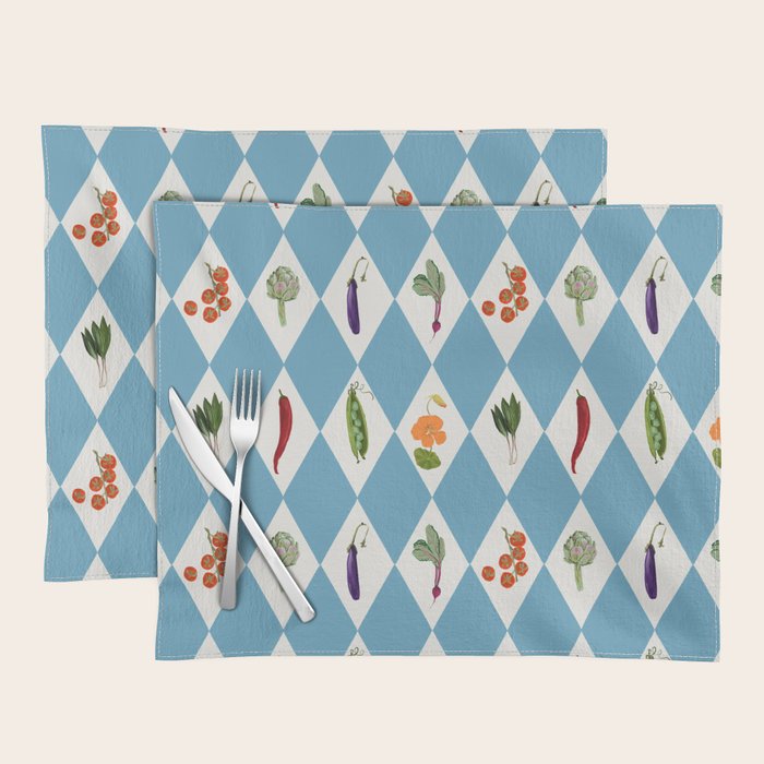 Mediterranean Vegetable Harlequin Pattern  Blue Diamond Garden  with Tomato Eggplant and Artichoke Placemat Gallery Image 2