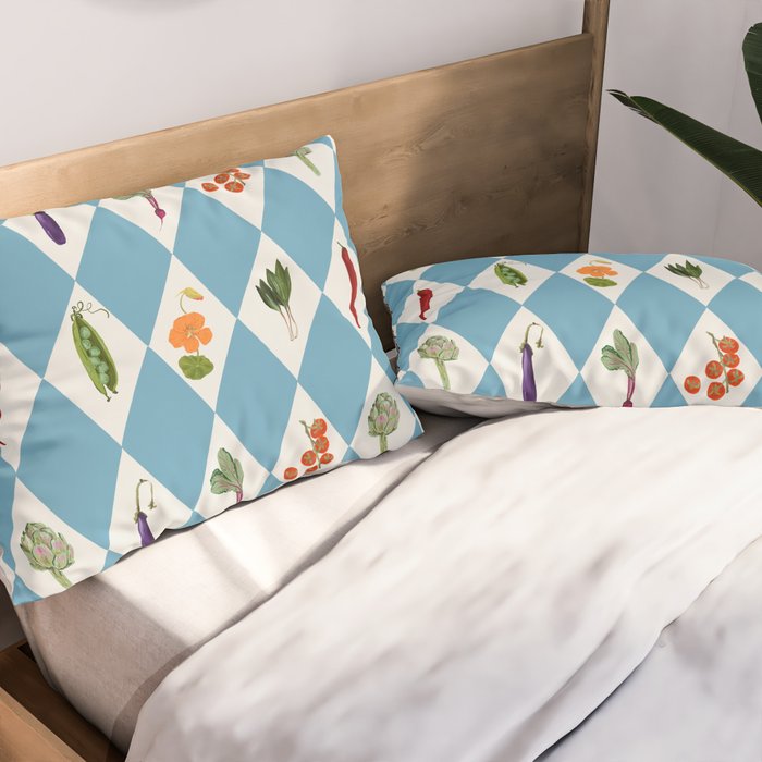 Mediterranean Vegetable Harlequin Pattern  Blue Diamond Garden  with Tomato Eggplant and Artichoke Pillow Sham Gallery Image 2
