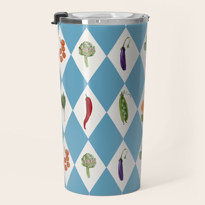 Mediterranean Vegetable Harlequin Pattern  Blue Diamond Garden  with Tomato Eggplant and Artichoke Travel Mug Gallery Image 3