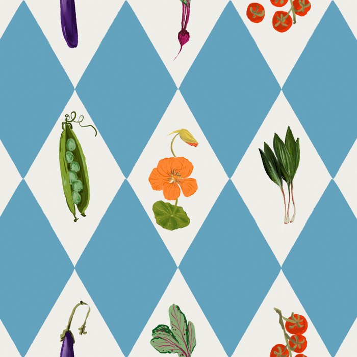 Mediterranean Vegetable Harlequin Pattern  Blue Diamond Garden  with Tomato Eggplant and Artichoke Coffee Mug Gallery Image 2