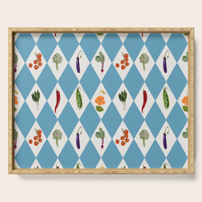 Mediterranean Vegetable Harlequin Pattern  Blue Diamond Garden  with Tomato Eggplant and Artichoke Serving Tray Gallery Image 1