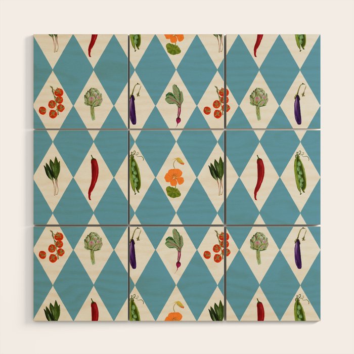 Mediterranean Vegetable Harlequin Pattern  Blue Diamond Garden  with Tomato Eggplant and Artichoke Wood Wall Art Gallery Image 1
