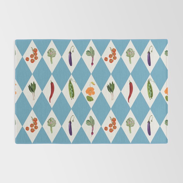 Mediterranean Vegetable Harlequin Pattern  Blue Diamond Garden  with Tomato Eggplant and Artichoke Rug Gallery Image 2