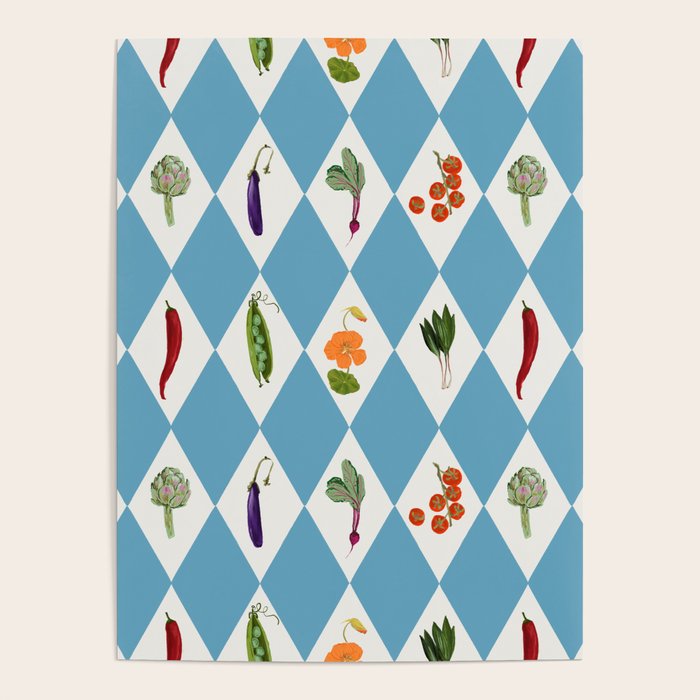 Mediterranean Vegetable Harlequin Pattern  Blue Diamond Garden  with Tomato Eggplant and Artichoke Poster Gallery Image 1