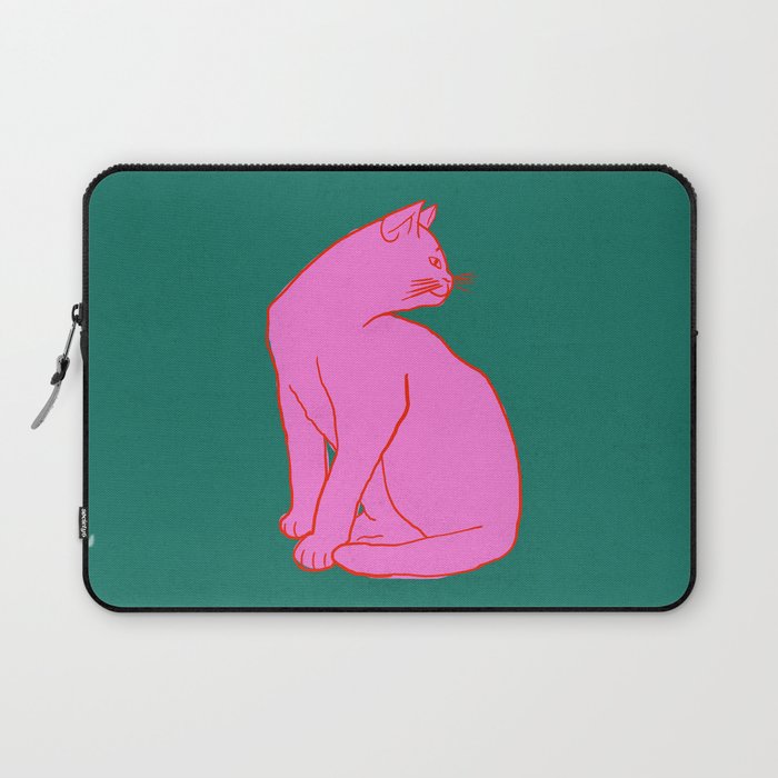 Pink Cat On Green Background Laptop Sleeve Gallery Image 1