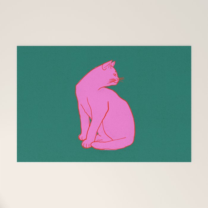 Pink Cat On Green Background Welcome Mat Gallery Image 1