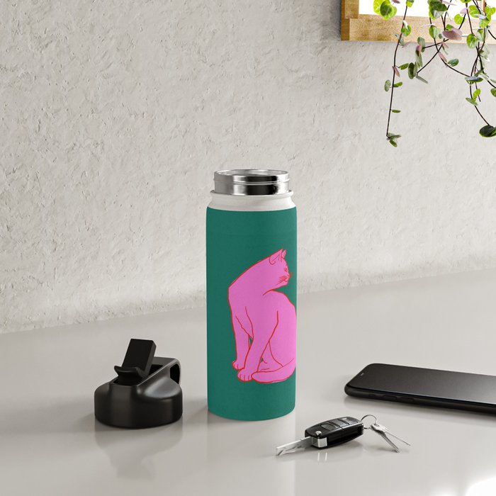Pink Cat On Green Background Water Bottle Gallery Image 4